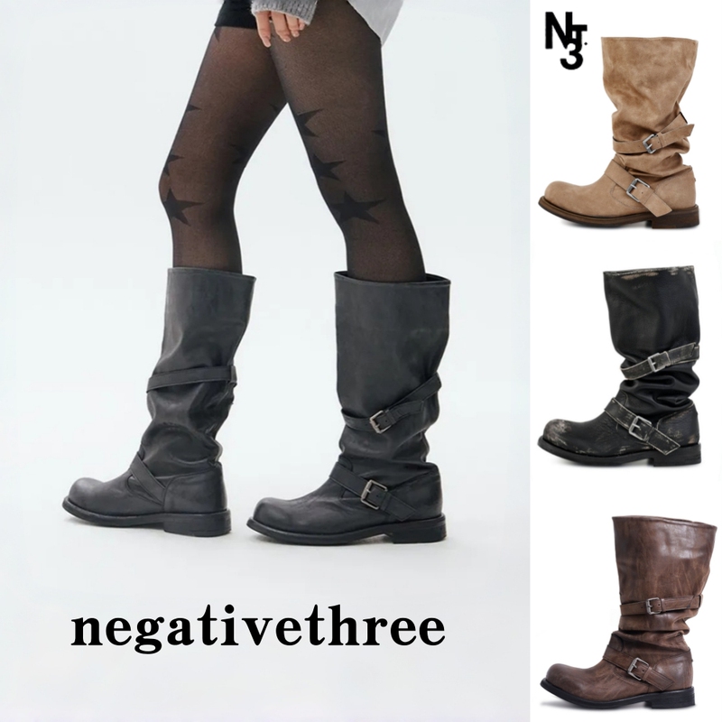Negativethree Retro Distressed Motorcycle Style Nt3 Double Buckle Mid-Calf Boots Knight Boots Slouch Boots Women's Boots