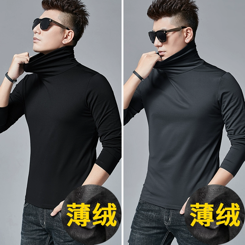 Áo thun nam tay dài mùa đông cộng với quần nhung dày mùa thu nửa cổ cao chạm đáy áo ở cổ áo để giữ ấm quần áo bên trong áo sơ mi nhỏ áo phông unisex
