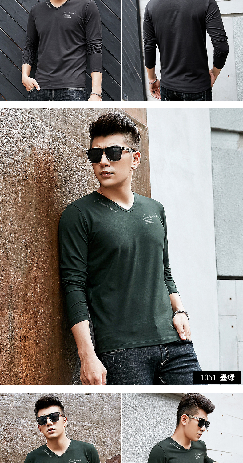 2 món] Áo thun dáng dài tay nam cổ chữ V cổ áo mùa thu chạm đáy áo bé trai mùa thu áo thun mùa thu active shirt