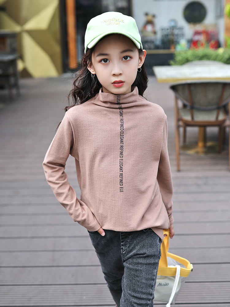 Girls ' base shirt 2020 autumn and winter new children's middle and large children's Western style semi-high collar pure cotton velvet base top tide