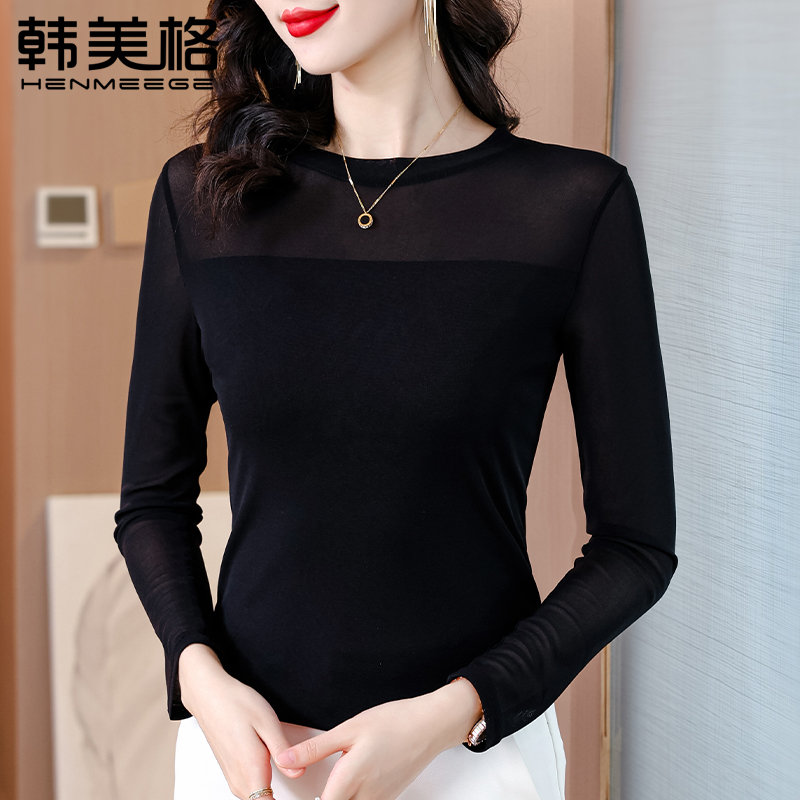 Round Neck Black Lace Base Shirt for Women, Spring 2026 New Style Mesh Long-Sleeve T-Shirt, Stylish Top