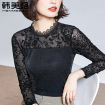 Lace base shirt Women autumn and winter 2019 new mesh with hollow shiny silk long sleeve T-shirt female glitter silk shirt