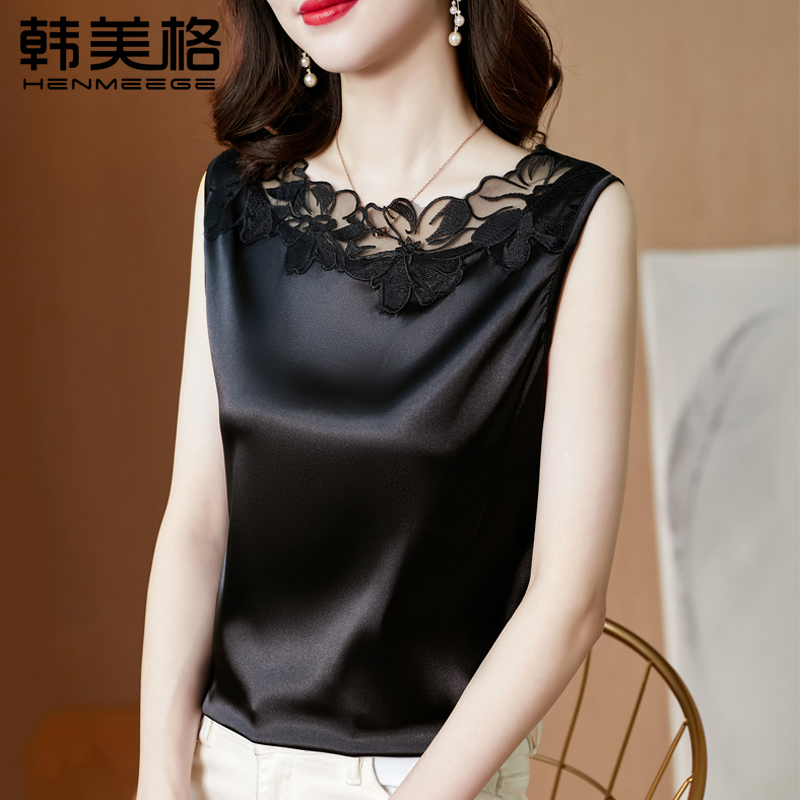 Lace Camisole for Women, Spring/Summer 2026 New Style, Acetate Satin Black Sleeveless Base Shirt, Outerwear Top