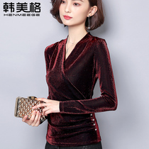 Autumn 2021 new sexy V-neck bright silk base shirt women with long sleeve T-shirt net gauze