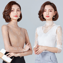 Spring 2021 new lace semi-turtleneck base shirt womens inner hollow mesh long-sleeved T-shirt top small shirt