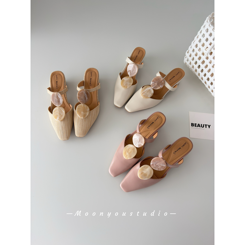 Moonyou Sheepskin Straw Woven Retro Shell Square-Toe Chunky Heel Sandals for Women, Summer Fairy Style Versatile Outdoor Half-Slippers
