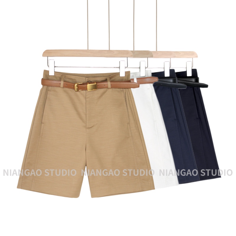 Niangao【Wall Street Shorts】Recycled Fiber Heavy-Duty Stitching High-Waisted Mid-Length Pants with Belt Ngk8816