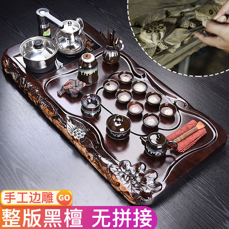 Hui Yao Whole Side Carved Black Sandalwood Solid Wood Tea Tray Ceramic Purple Sand Kongfu Tea Furniture Suit Home Fully Automatic Electric Heating Stove 