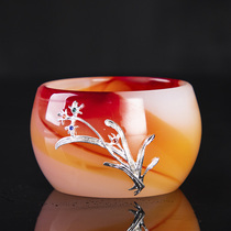 Red Agate jade porcelain single cup Home office thickened glass inlaid with silver Kung Fu tea cup Master cup Drink tea toast cup