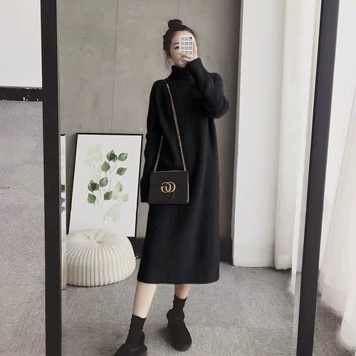 Черное цветное демисезонное длинное шерстяное платье, высокий воротник, коллекция 2023, свободный крой, средней длины, увеличенная толщина