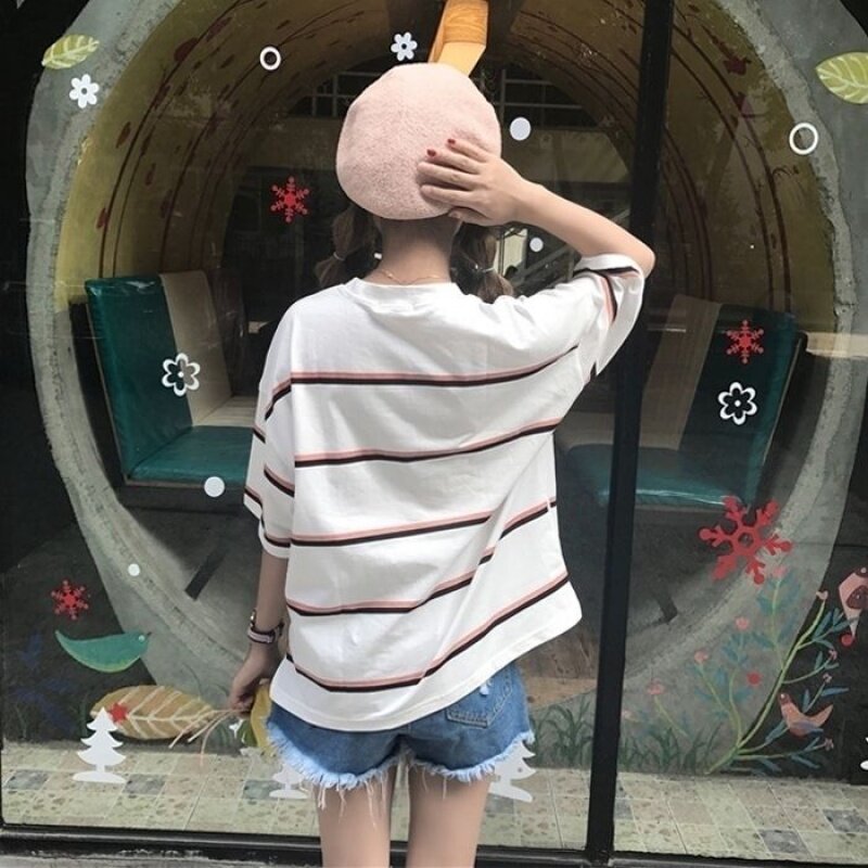 Short-sleeved T-shirt women's stripe loose-fitting student half-sleeved women's blouse T-shirt mid-sleeved women's Harajuku style summer dress