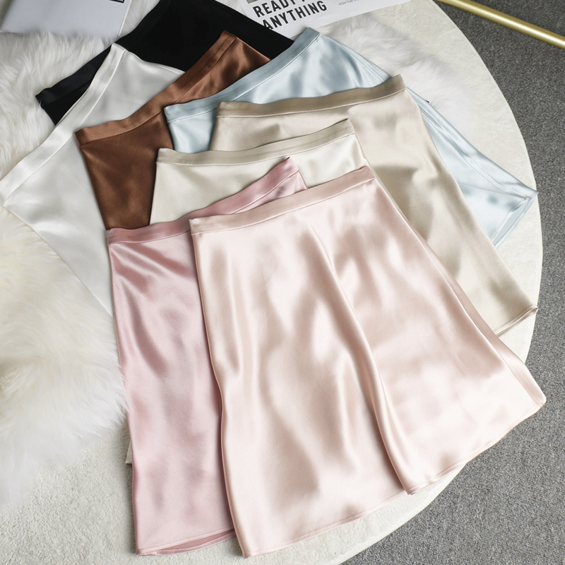 [Real Acetate Fabric] Women's Short Skirt, High-Waisted A-Line, Satin Sheen, Commuter Ol, Macaron Color, Drapey