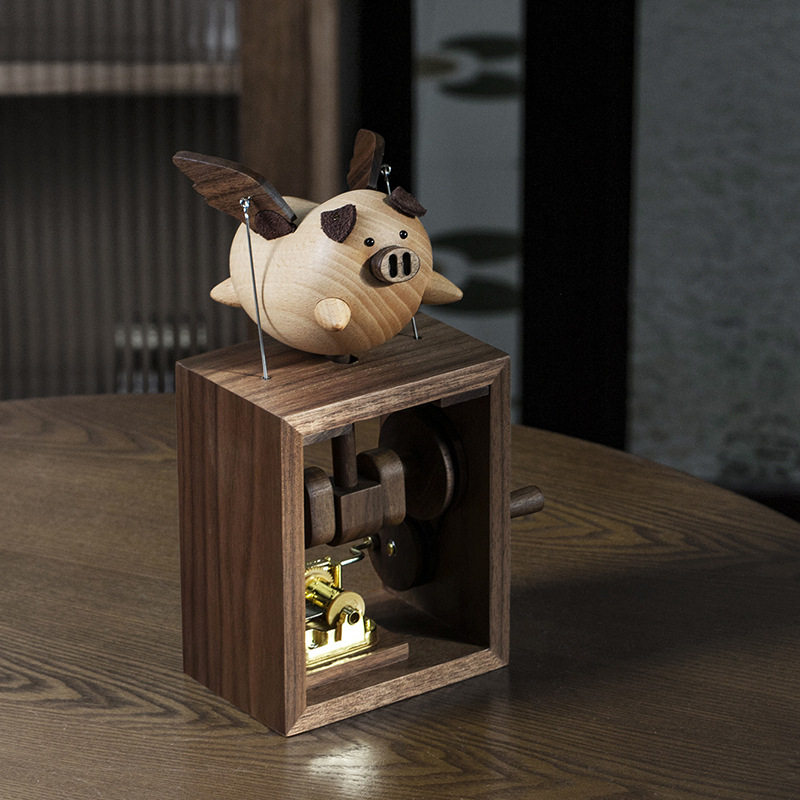 Flying pig Black walnut solid wood music box Cute animal ornaments wooden music box gift to girlfriend