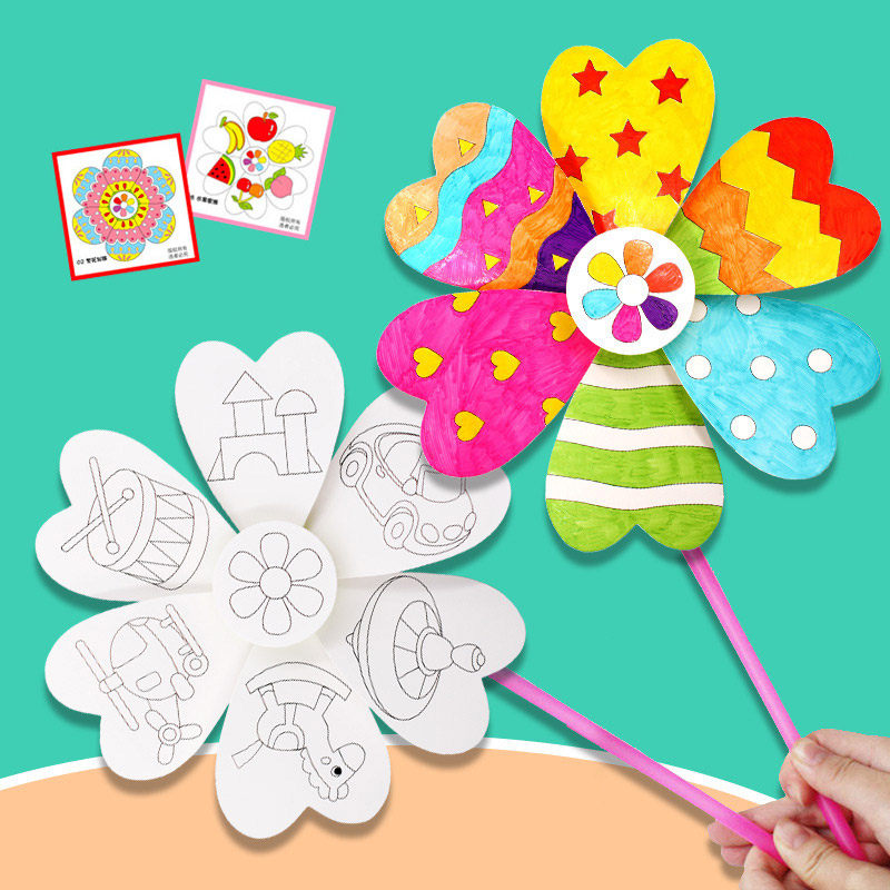 Kindergarten children spring outdoor parent-child toys DIY self-painted paper windmill blank wind turn graffiti handmade material