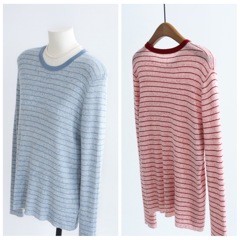 Colorful Wool Knit Sweater, Autumn and Winter Round Neck Striped Base Long-Sleeve Sweater, Colorful Yarn Casual Commuting Top, Slimming Effect