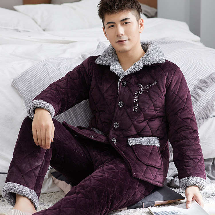Winter pyjamas men's three floors thickened with velvety coral suede clip cotton clot warm flange suede single blouse home jacket