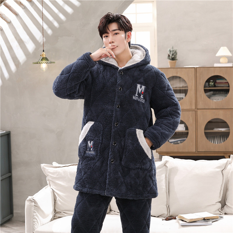 Pajamas men's winter three-layer thickened plus velvet coral fleece quilted pajamas flannel one-piece top warm cotton coat