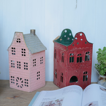 Meow small craftsman orphan-French retro iron hollow house shape Candlestick wind lamp gardening desktop decoration ornaments