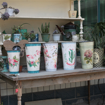 Meow small craftsman orphan-French country vintage iron sticker long tube Camellia bucket high tube flower pot flower pot