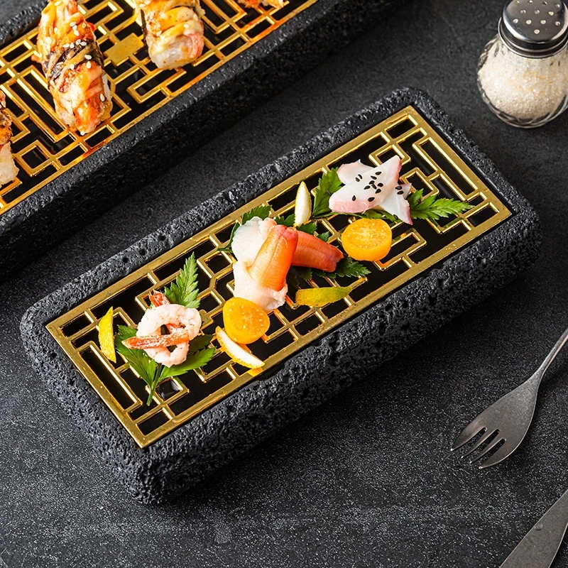 Creative Japanese-Style Rectangular Sushi Plate, High-End Stone-Pattern Molecular Cuisine Dry Ice Artistic Tableware, Western-Style Plate