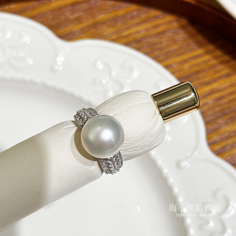 Miss Hai's New Pearl Ring, Pure Silver, Vintage Lace, Natural Aurora Edison Large White Pearl Ring, High-End Feel