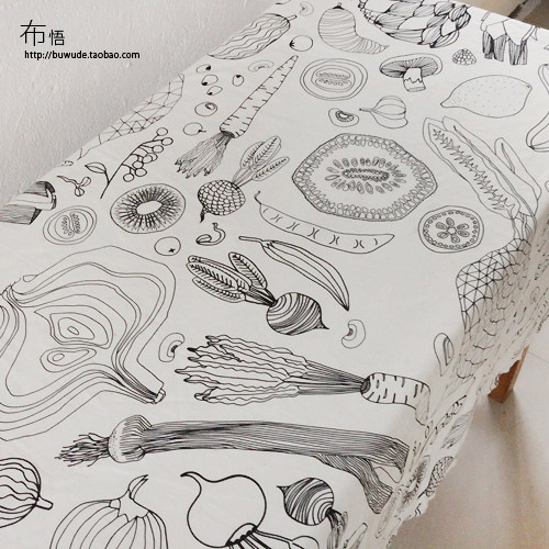 Known Japan Korean vegetable printed cotton fabric thickening hand DIY tablecloth curtain cupboard black and white graffiti