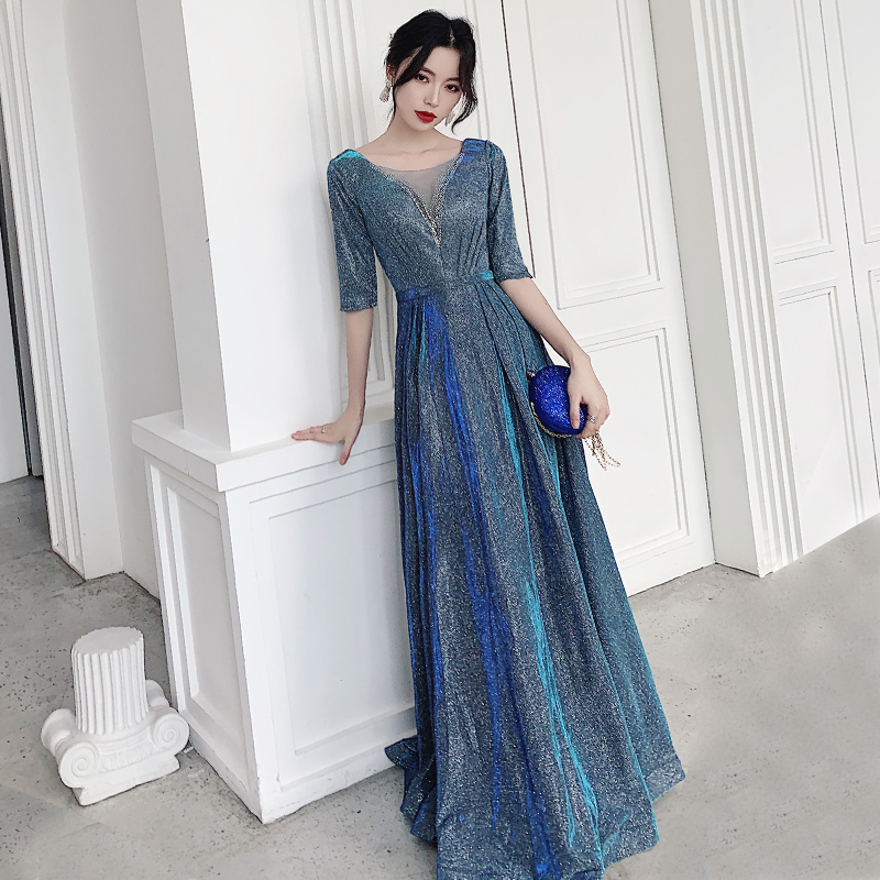 Blue Evening Dress, Elegant Dress, High-End Banquet Host, Conductor, Choir Performance Dress, Long Dress, Coming-Of-Age Ceremony