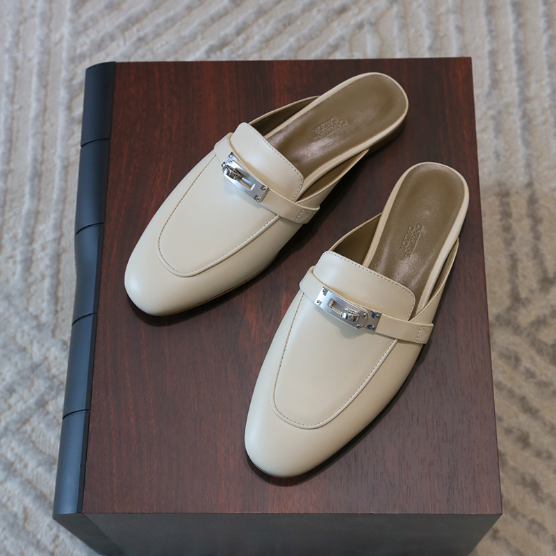 2025 Spring Genuine Leather Flat Mules for Women, Closed-Toe Slip-On Loafers, H Brand Kelly Buckle Outdoor Sandals 2025 Spring Genuine Leather Flat Mules for Women, Closed-Toe Slip-On Loafers, H Brand Kelly Buckle Outdoor Sandals