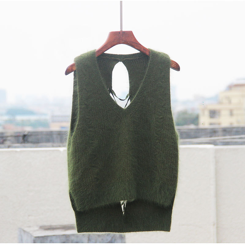 Mùa xuân 2019 áo len mới của phụ nữ dây buộc ren không tay áo len ngắn lông thỏ dệt kim vest vest áo lông vũ