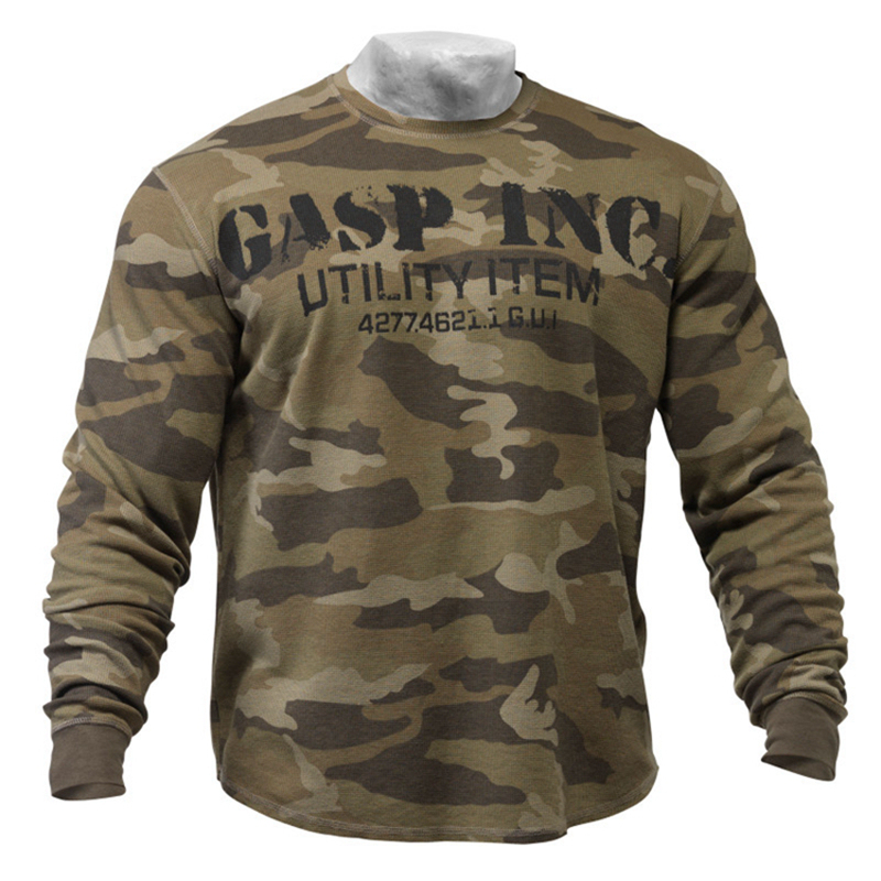Gasp Autumn Bodybuilding Fitness Warm Breathable Training Pure Cotton Waffle Men's Pullover Long Sleeve Base Shirt New Style
