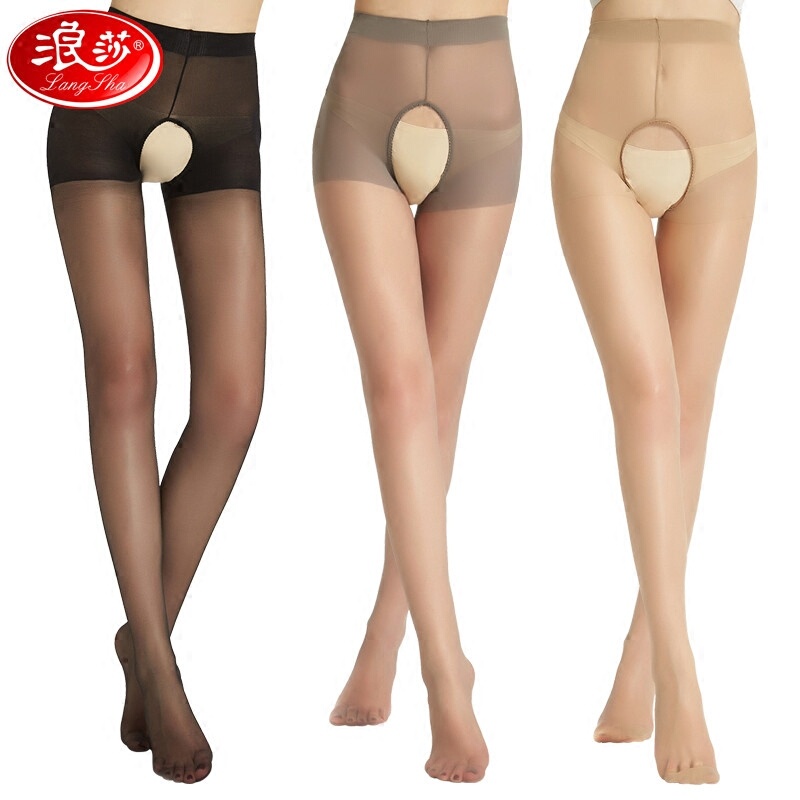 Langsha Crotchless Pantyhose, No Need to Take Off Stockings, Ultra-Thin Sexy Flesh-Colored Base Stockings, Open Crotch Black Silk Hollow-Out