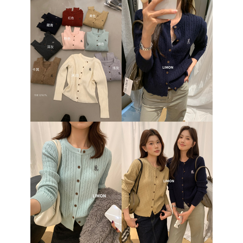 The Lemon Lemon Green Tea Elegant British Exquisite Cable Knit Angora Embroidered Cardigan Sweater for Women 8616