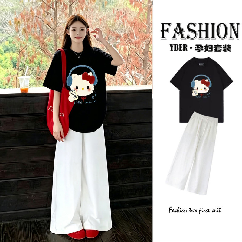 Maternity Summer Outfit: Printed Cotton Short-Sleeve T-Shirt + Loose Wide-Leg Pants, Comfortable and Discreet for Pregnant Moms