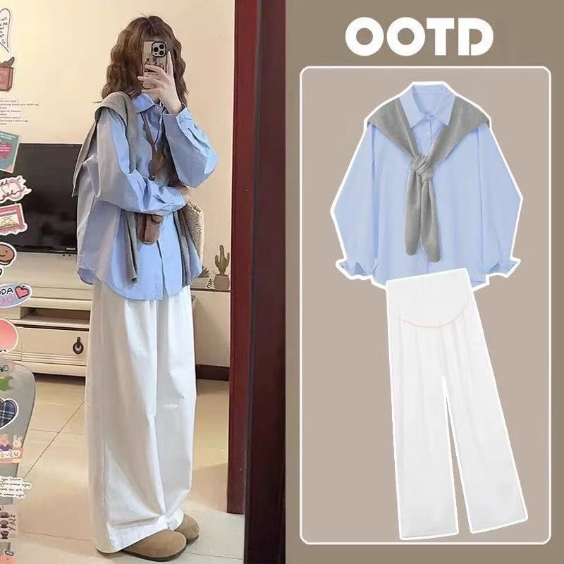 Maternity Wear Spring Outfit, Stylish Shirt Top, Wide-Leg Pants, Spring and Summer Three-Piece Set, Trendy Mom Pregnancy Outfit Set