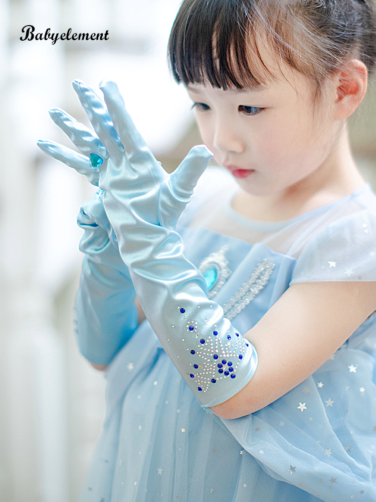 Children's jewelry Frozen Elsa Princess Gloves Girls Long Tube bow Little girl baby five fingers blue