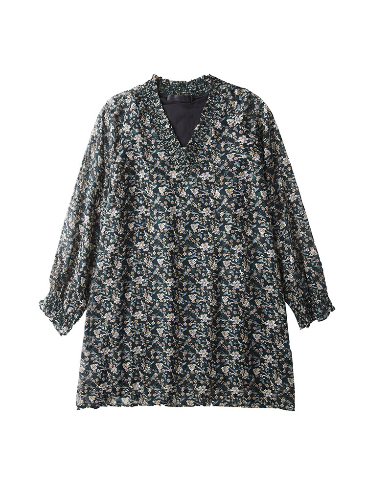 Spring bra top, retro long shirt, loose fit, floral print, long sleeve, V-neckline, western style, mid-length Spring bra top, retro long shirt, loose fit, floral print, long sleeve, V-neckline, western style, mid-length