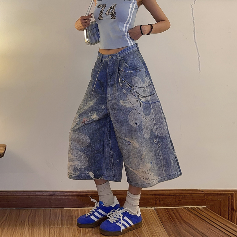Doubled American-Style Floral 3D Pendant Chain Print Denim Capri Pants Washed Vintage Loose Wide-Leg Shorts