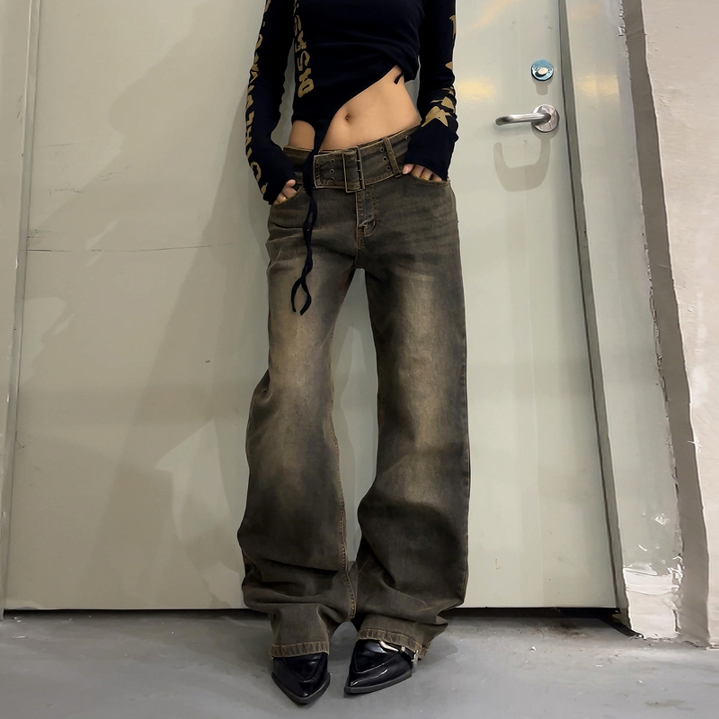 Doubled Heavily Washed Bronze Metal Buckle Belt Low-Rise Straight-Leg Jeans Vintage Distressed Slimming Long Pants