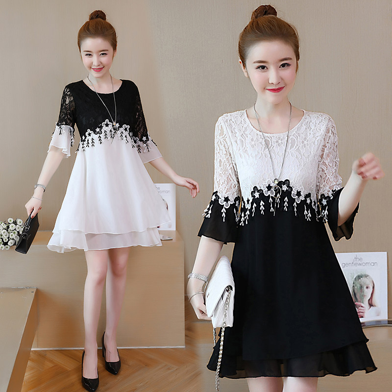 Big size dress summer new pattern 2019 Short sleeved black and white Easy Show thin Belly Lace Mosaic Dressin the Women's clothing/Boutique , Large size women  category - from Buy2taobao.com to provide professional Taobao agent buy service