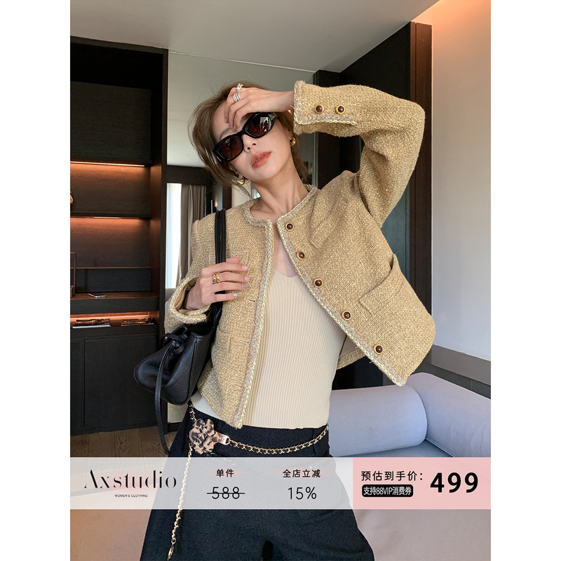 A Xin Liang Jing Jing 70% Cotton Coffee-Colored Tweed Woven Short Blazer in Chanel Style for Women, Spring and Autumn Ax26W002