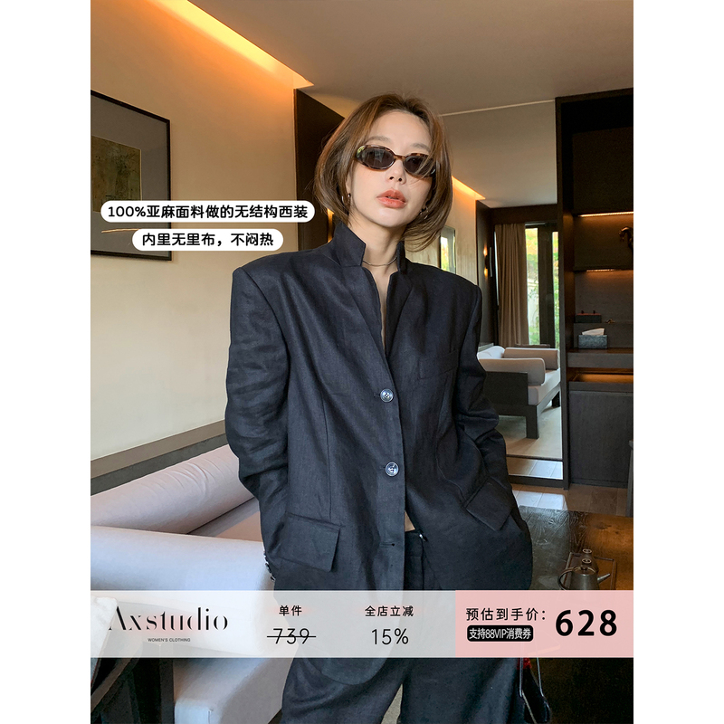 A Xin Liang Jing Jing 100% Linen Classic Versatile Silhouette Lightweight Black Loose Casual Blazer for Women Summer A Xin Liang Jing Jing 100% Linen Classic Versatile Silhouette Lightweight Black Loose Casual Blazer for Women Summer