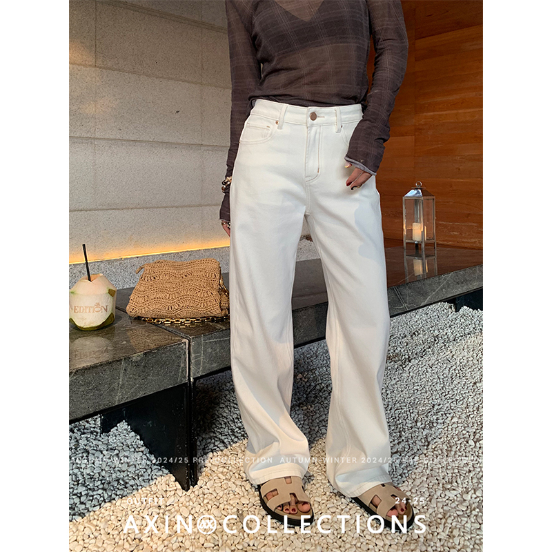 A Xin Bright White Straight-Leg Cotton Lyocell Blend High-Waisted Loose Wide-Leg Jeans for Women, Spring