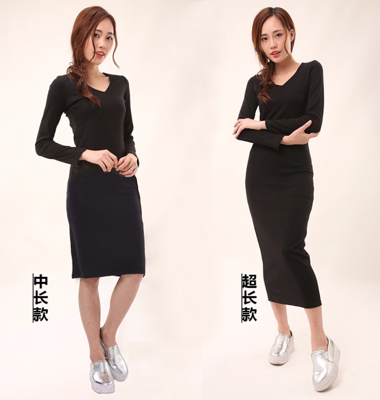 Mùa thu và mùa đông của phụ nữ phiên bản Hàn Quốc của cổ chữ V bằng cotton dài mảnh hoang dã Slim XL qua đầu gối váy dài đầm thun dài