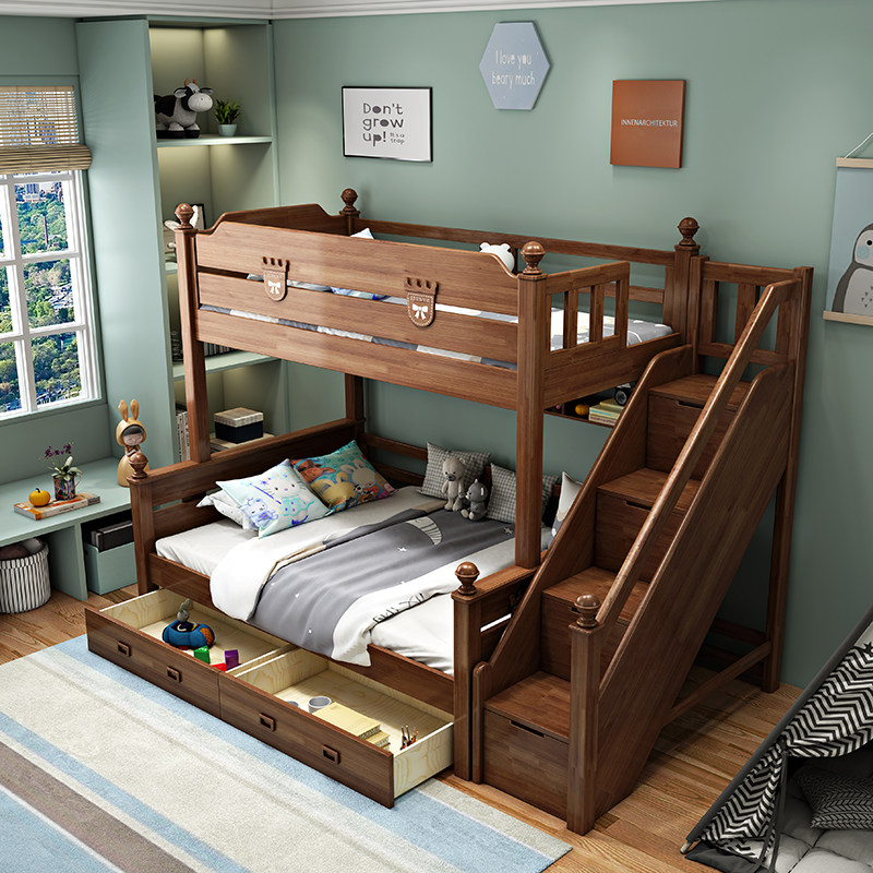 New Chinese All-Light Wood Maternal Walnut Children's Double Bed Small Household Storage High-Box High-Low Bed