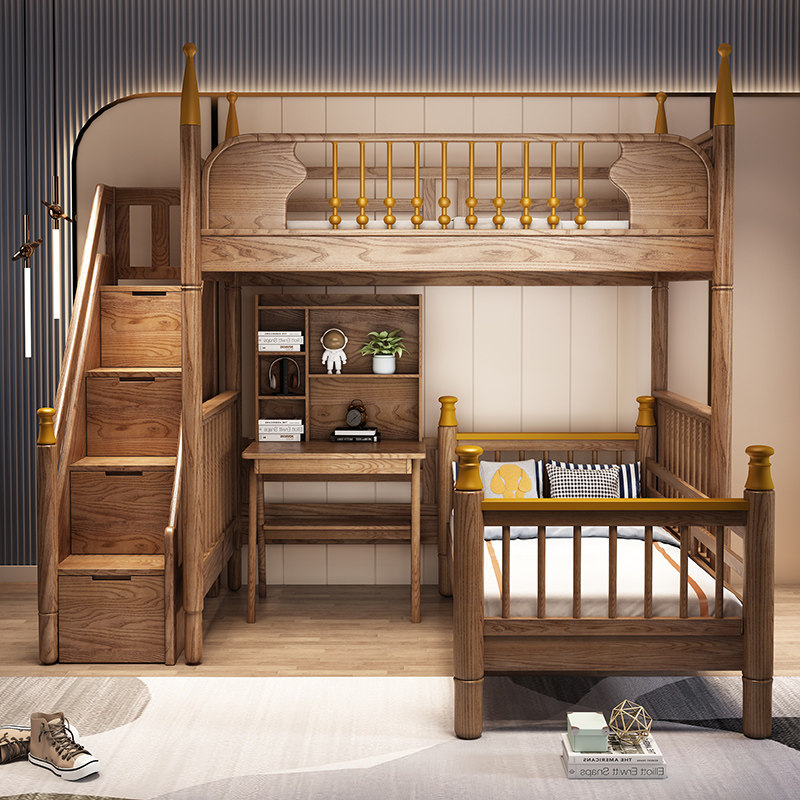 Upper bed and lower table elevated bed light luxury solid wood children's high and low bed sub-mother bed staggered upper and lower bed multifunctional combination