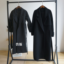 Black medium-length woolen coat female 2020 winter thickened Hepburn style cashmere woolen coat retro lace-up over the knee