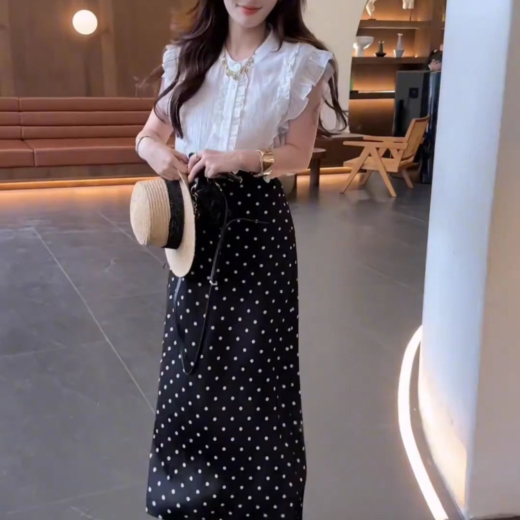 Korean-Style Design Ruffled Flutter-Sleeve Shirt Summer Chiffon Short-Sleeve Top with Polka-Dot Skirt Set for Women