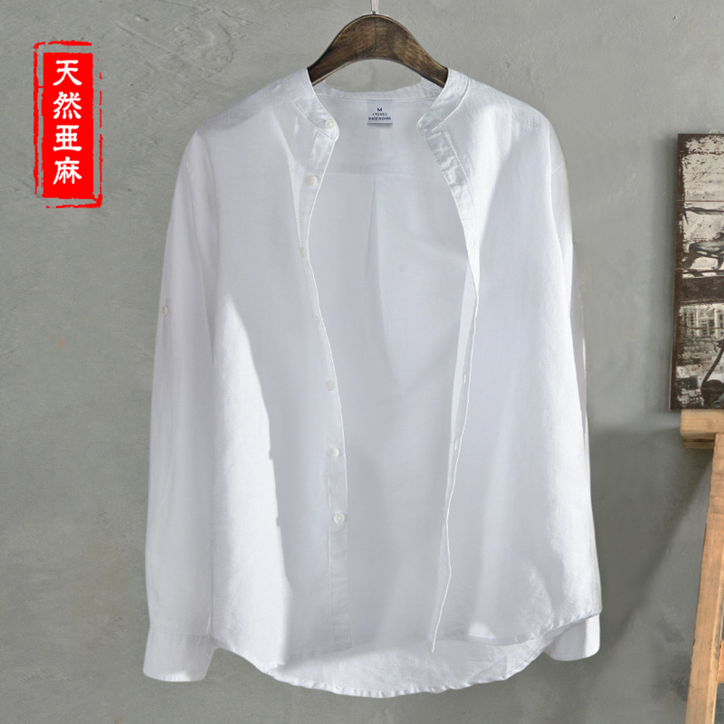 Summer Linen Shirt for Men, Thin Jacket, Long-Sleeved Cardigan, Loose Stand-Up Collar, Cotton and Linen Material, Breathable Sun Protection Shirt