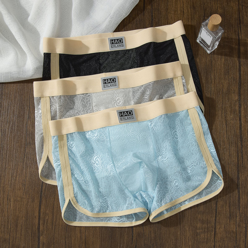 Men's Underwear Rose Jacquard Lace Ice-Feel Breathable Boxer Mid-Waist Hollow Mesh Youth Loose Comfortable Shorts Men's Underwear Rose Jacquard Lace Ice-Feel Breathable Boxer Mid-Waist Hollow Mesh Youth Loose Comfortable Shorts