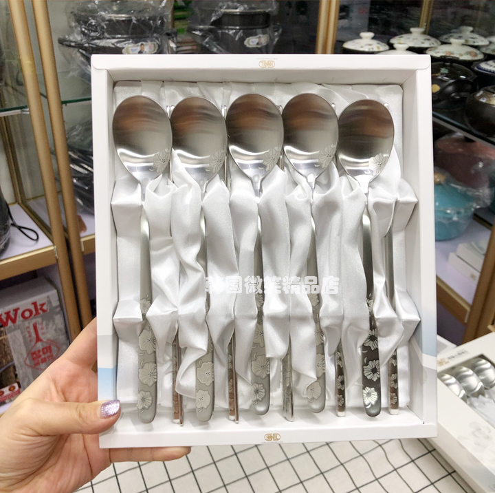 Korean Stainless Steel Spoon and Chopstick 5-Piece Set Gift Tableware Imported Stainless Steel Chopsticks and Spoon Set Korean Style Long